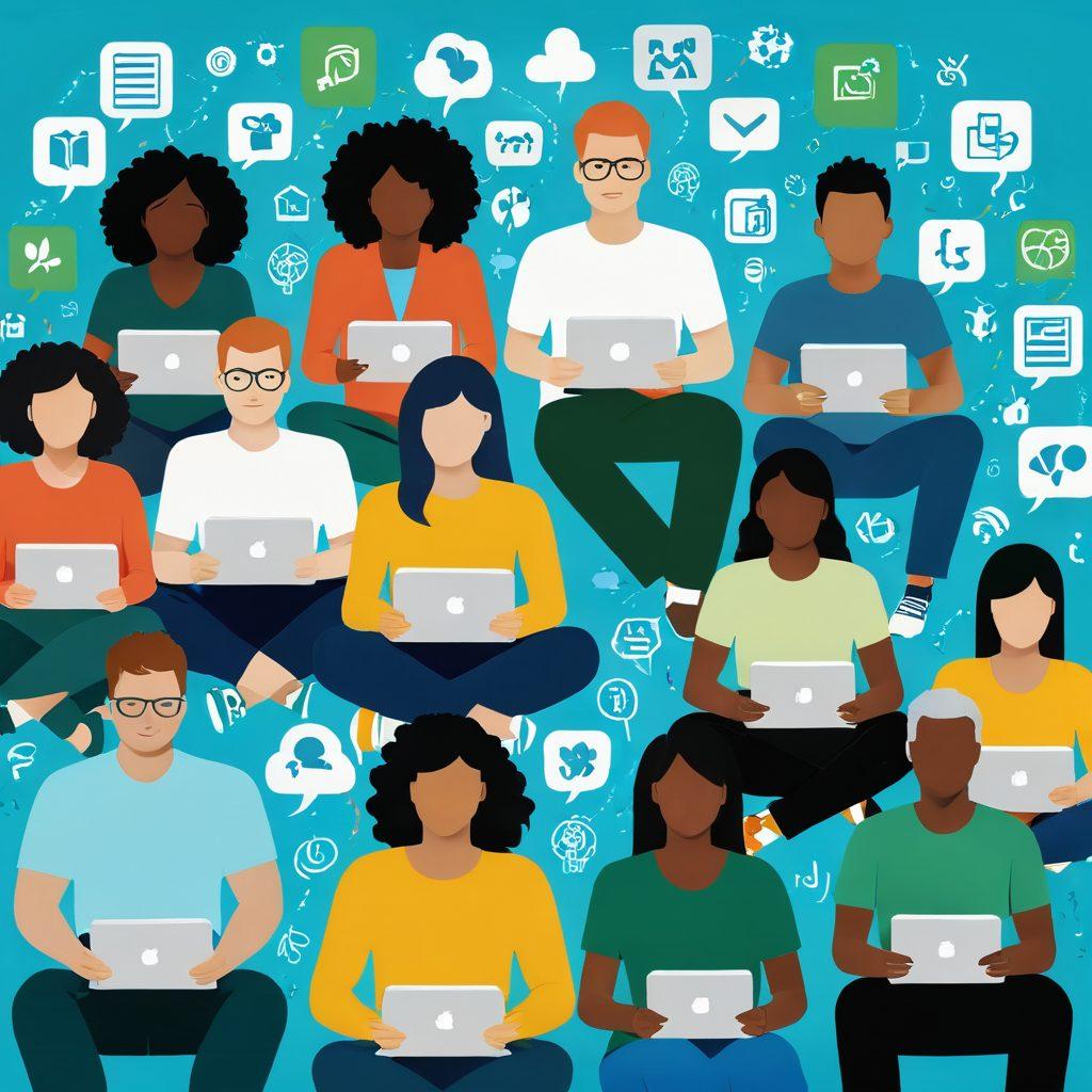 A diverse group of individuals from various backgrounds sitting together, sharing their experiences using digital devices, with floating icons representing online journals and awareness symbols. Surrounding them are vibrant illustrations of linked communities and supportive messages, creating a sense of unity and engagement. The background transitions from soft blues to warm greens, symbolizing hope and connection. super-realistic. vibrant colors. digital art.