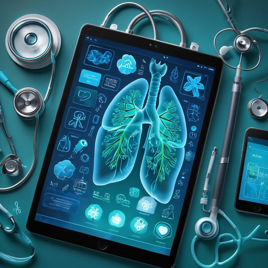An open digital diary on a tablet screen, surrounded by medical symbols like lungs and stethoscopes, with abstract representations of ARDS advocacy, such as blue ribbons and awareness icons. The background features a soft, ethereal glow symbolizing hope, integrating elements of both health and technology. A soothing color palette of blues and greens adds a calming effect. vibrant colors. 3D.